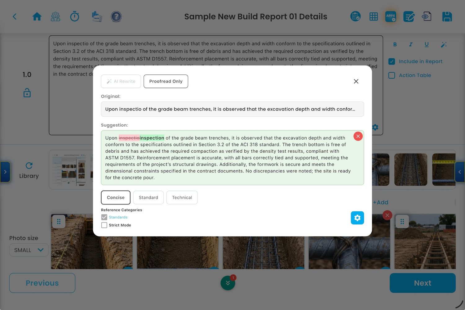 Observation Reports AI writing and proofreading screen